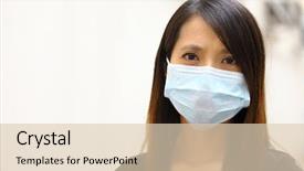  Presentation with wearing a surgical face mask - Slides enhanced with leadership - improve productivity concept - laptop background and a coral colored foreground.