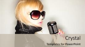  Presentation with rockstar - Cool new PPT theme with swing band - blonde woman holding a retro backdrop and a mint green colored foreground