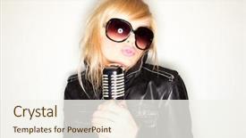  Presentation with rockstar - Theme enhanced with swing band - blonde woman holding a retro background and a cream colored foreground