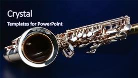  Presentation with band - Amazing PPT theme having swing band - golden saxophone on dark background backdrop and a navy blue colored foreground