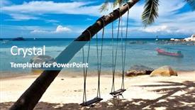  Presentation with palm beach - PPT theme having swings and palm on the sand tropical beach background and a teal colored foreground