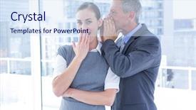  Presentation with office - Colorful presentation design enhanced with swish - secretive business colleagues whispering backdrop and a sky blue colored foreground