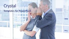  Presentation with office - Presentation design having swish - secretive business colleagues whispering background and a sky blue colored foreground