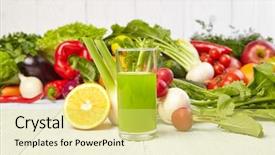  Presentation with juices - Presentation theme enhanced with swiss chard - various freshly vegetable juices background and a yellow colored foreground
