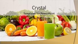  Presentation with juices - Colorful presentation theme enhanced with swiss chard - various freshly vegetable juices backdrop and a sky blue colored foreground