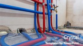  Presentation with water pipes - PPT theme featuring switchgear - water pipes of central heating background and a ocean colored foreground