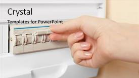  Presentation with fuse - Theme with switchgear - woman turning off fuse box background and a light gray colored foreground