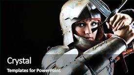  Presentation with black female - Beautiful PPT theme featuring sword fight - portrait of a medieval female backdrop and a black colored foreground