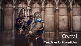  Presentation with knights - Colorful PPT theme enhanced with sword fight - two knights fighting aganist medieval backdrop and a tawny brown colored foreground