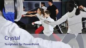  Presentation with sword - Beautiful PPT theme featuring sword sport young athlete portrait at training backdrop and a sky blue colored foreground