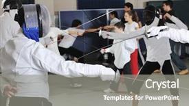  Presentation with sword - PPT theme having sword sport young athlete portrait at training background and a gray colored foreground