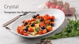  Presentation with olive - Presentation featuring swordfish with tomatoes capers background and a lemonade colored foreground