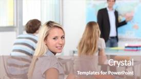  Presentation with geography - Slide deck featuring syllabus - three student in geography class background and a coral colored foreground