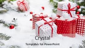  Presentation with christmas hamper gift traditional - PPT theme with sylvester - christmas gift on snow background and a  colored foreground
