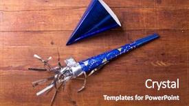  Presentation with birthday party - Beautiful PPT theme featuring sylvester - party hat on wood table backdrop and a tawny brown colored foreground