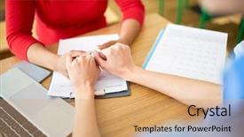  Presentation with hands holding - PPT theme featuring symapthy - supporting girl holding hands background and a coral colored foreground