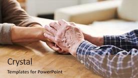  Presentation with aged spouse - Slide set with symapthy - supportive senior husband holding hands background and a coral colored foreground