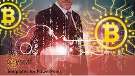  Presentation with crypto - Amazing PPT theme having symbol of bit coin digital crypto currency against businessman using digital screen backdrop and a red colored foreground