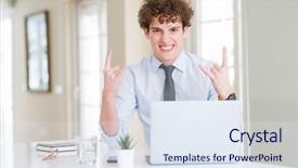  Presentation with computer music - PPT layouts having symbol with hands up music background and a sky blue colored foreground