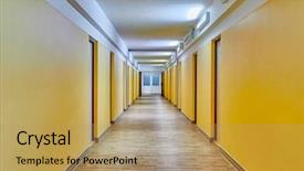  Presentation with plain - Colorful PPT layouts enhanced with symmetry - plain corridor of a dormitory backdrop and a coral colored foreground