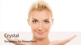  Presentation with woman hands raised to sky - Presentation theme having symmetry faces - beautiful young woman with outstretched background and a  colored foreground