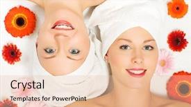  Presentation with set flowers tagetes patula - Audience pleasing presentation theme consisting of symmetry faces - two girls relaxing backdrop and a  colored foreground