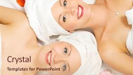  Presentation with set flowers tagetes patula - PPT theme featuring symmetry faces - two girls relaxing background and a  colored foreground