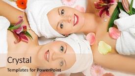  Presentation with wellness - Amazing PPT theme having symmetry faces - two girls relaxing backdrop and a coral colored foreground