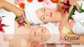  Presentation with set flowers tagetes patula - Beautiful presentation theme featuring symmetry faces - two girls relaxing backdrop and a coral colored foreground