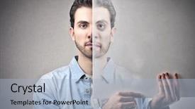  Presentation with man heart attact hand hold - Cool new PPT layouts with symmetry faces - young man holds transparent panel backdrop and a light blue colored foreground