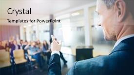  Presentation with audience - Colorful slide deck enhanced with symposium - closeup of speaker pointing backdrop and a lemonade colored foreground