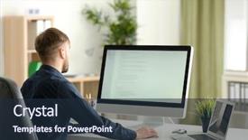  Presentation with workplace - Theme enhanced with synchronization - young programmer at workplace background and a wine colored foreground