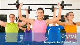  Presentation with strength - PPT theme featuring five people exercising using background and a ocean colored foreground