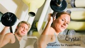  Presentation with gymnastics - Amazing PPT theme having very attractive and sportive couple doing power gymnastics with barbells backdrop and a coral colored foreground