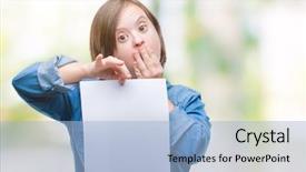  Presentation with down syndrome - Cool new PPT theme with syndrome holding blank paper sheet backdrop and a light blue colored foreground