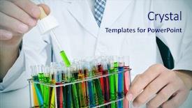  Presentation with laboratory blood test tubes - Amazing theme having man in white coat with test tubes with liquids of different colors in a laboratory backdrop and a sky blue colored foreground