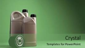  Presentation with motor oil - Slide set featuring synthetic fuels - motor oil containers background and a seafoam green colored foreground