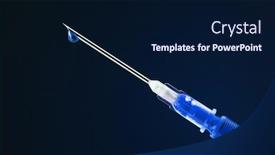  Presentation with drug - Beautiful slide deck featuring syringe filled with blue drug and dripping from the needle backdrop and a navy blue colored foreground