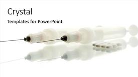  Presentation with pills - Colorful slide deck enhanced with syringes monovet and pills isolated backdrop and a  colored foreground