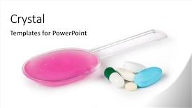  Presentation with syrup drugs - Audience pleasing PPT theme consisting of syrup drugs - liquid medicine on a spoon backdrop and a white colored foreground