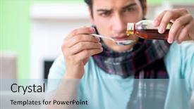  Presentation with chronical illness - Presentation with syrup drugs - young handsome man suffering background and a light blue colored foreground