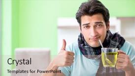  Presentation with illness - Colorful presentation enhanced with syrup drugs - young handsome man suffering backdrop and a soft green colored foreground