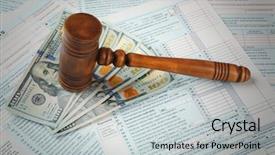  Presentation with tax refund - Presentation theme featuring refund system - judge's gavel and dollar banknotes background and a light gray colored foreground