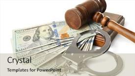 Presentation with judge - Slide set featuring refund system - judge's gavel handcuffs and money background and a mint green colored foreground