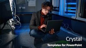  Presentation with server administrator - Slide deck enhanced with system-administrator-working-in-server background and a navy blue colored foreground