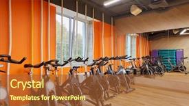  Presentation with children fitness - PPT theme having system cycle - room with indoor cycling machines background and a red colored foreground