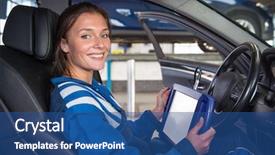  Presentation with female mechanic - Presentation design consisting of system update - female mechanic running a diagnostics background and a ocean colored foreground