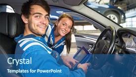  Presentation with car service - Slide set with system update - two service mechanics reading background and a ocean colored foreground