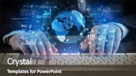  Presentation with global - Presentation theme featuring systems map - business woman typing on keyboard background and a dark gray colored foreground