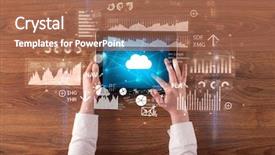  Presentation with cloud computing - Presentation theme having systems map - hand holding tablet and checking background and a coral colored foreground